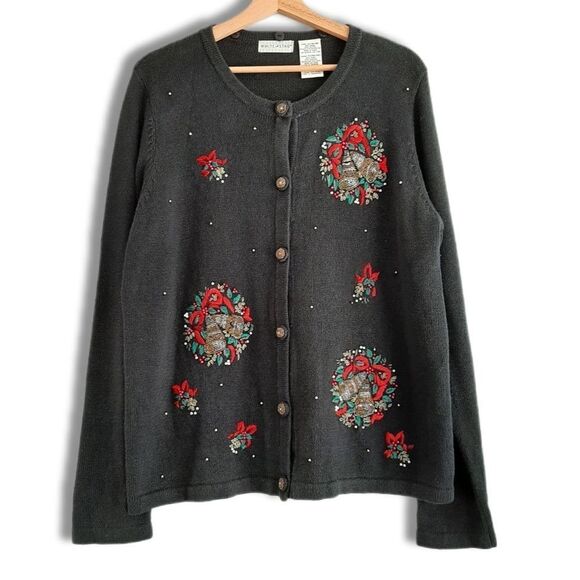 WHITE STAG Vintage Embroidery & Bead Work Christmas Bells Cardigan Sweater Sz XL - Picture 8 of 16